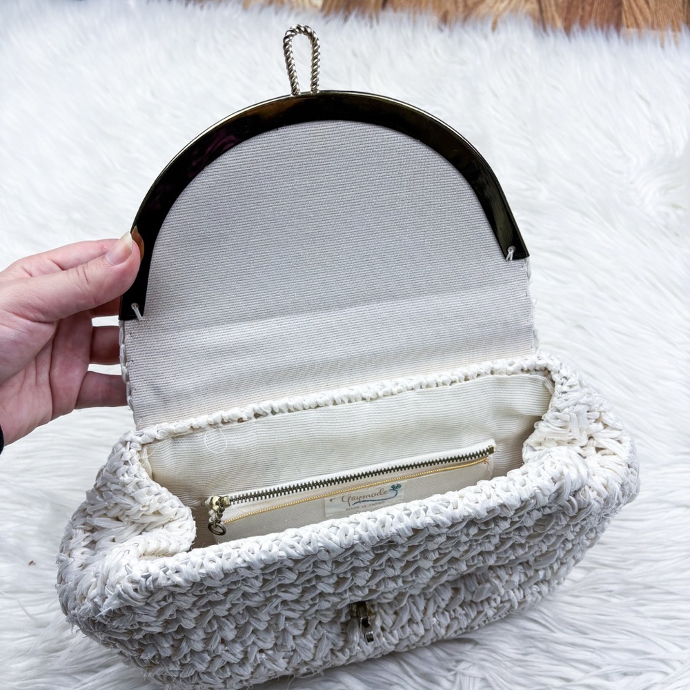 Vintage 60s Straw Woven Bamboo Handle Satchel Purse Bag White Cottagecore Resort - Picture 8 of 10